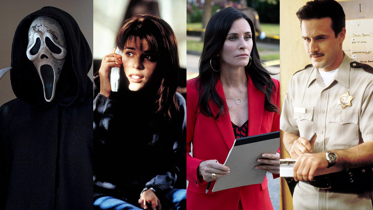 Ghostface in Scream 6, Neve Campbell in Scream, Courteney Cox in Scream 5 and David Arquette in Scream