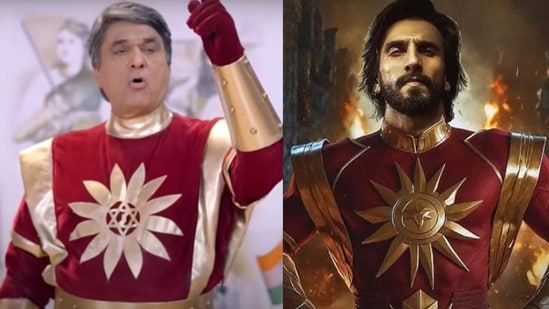 Mukesh Khanna as Shaktimaan and fan-art of Ranveer Singh as Shaktimaan