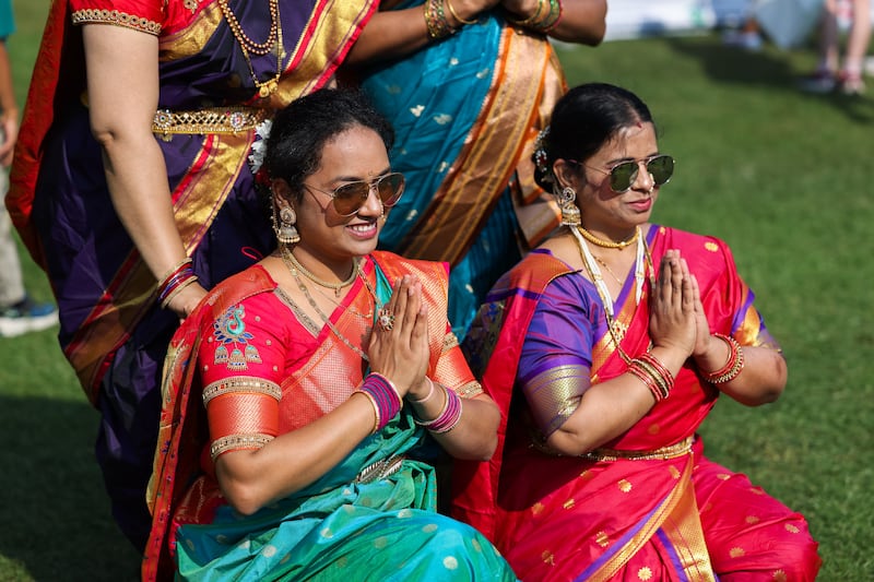 Sayli Dixit (left) and Pradhnya Jadhav-Panse taking part in an event in Merrion Square, Dublin to mark India Day. Photograph: Dan Dennison/The Irish Times