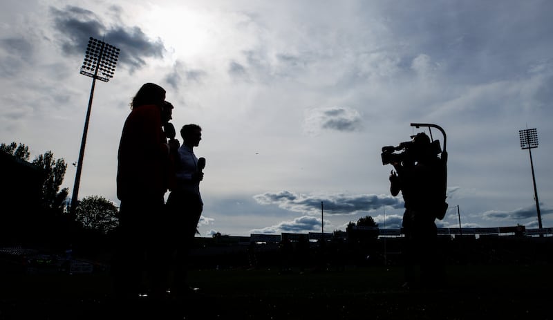 GAAGO presenter Gráinne McElwain with pundits Séamus Hickey and Eoin Cadogan before a Waterford-Clare match in Thurles in 2023. Photograph: James Crombie/Inpho