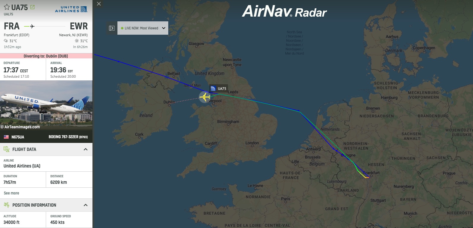 United flight UA75 to Newark is declaring an emergency and diverting to Dublin