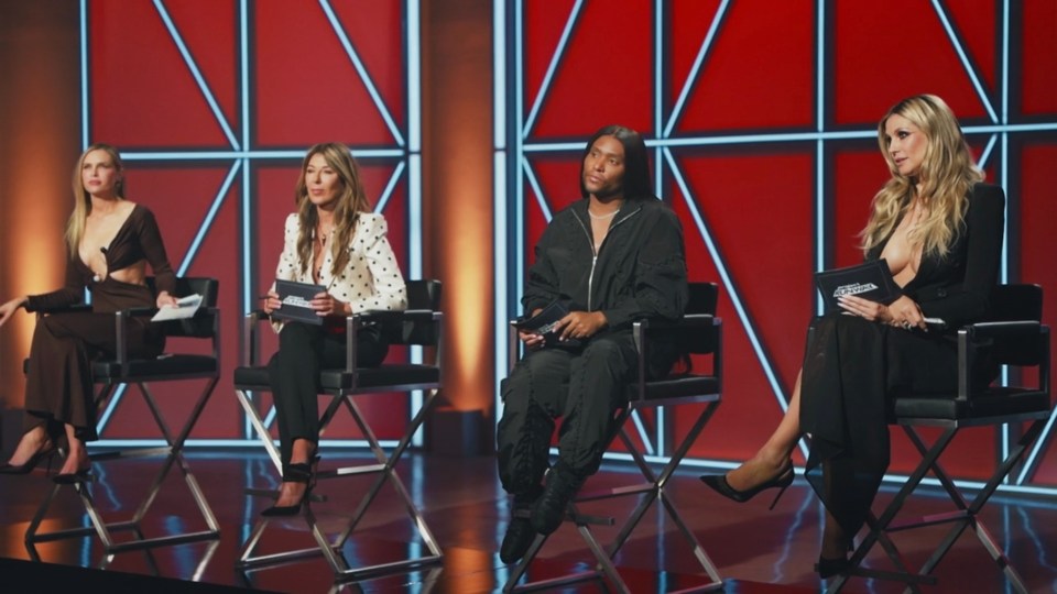 Project Runway judges seated on chairs.