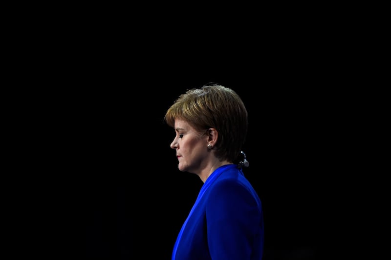 Nicola Sturgeon reacts at the count centre in Glasgow after votes are counted in the UK 2019 general election, which was won by Boris Johnson. Photograph: Andy Buchanan/Getty