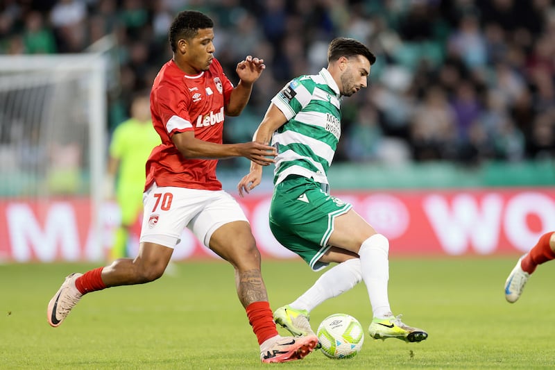 Shamrock Rovers' Danny Mandroiu and Vinícius Lopes of Santa Clara. Photograph: Laszlo Geczo/Inpho
