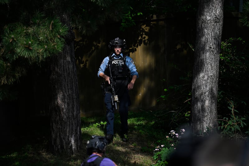 Police search the area following a shooting at Annunciation Catholic Church in Minneapolis, Minnesota. Photograph: Stephen Maturen/Getty Images