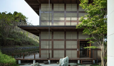 aki hamada-designed office frames mt. oboshi with timber grid