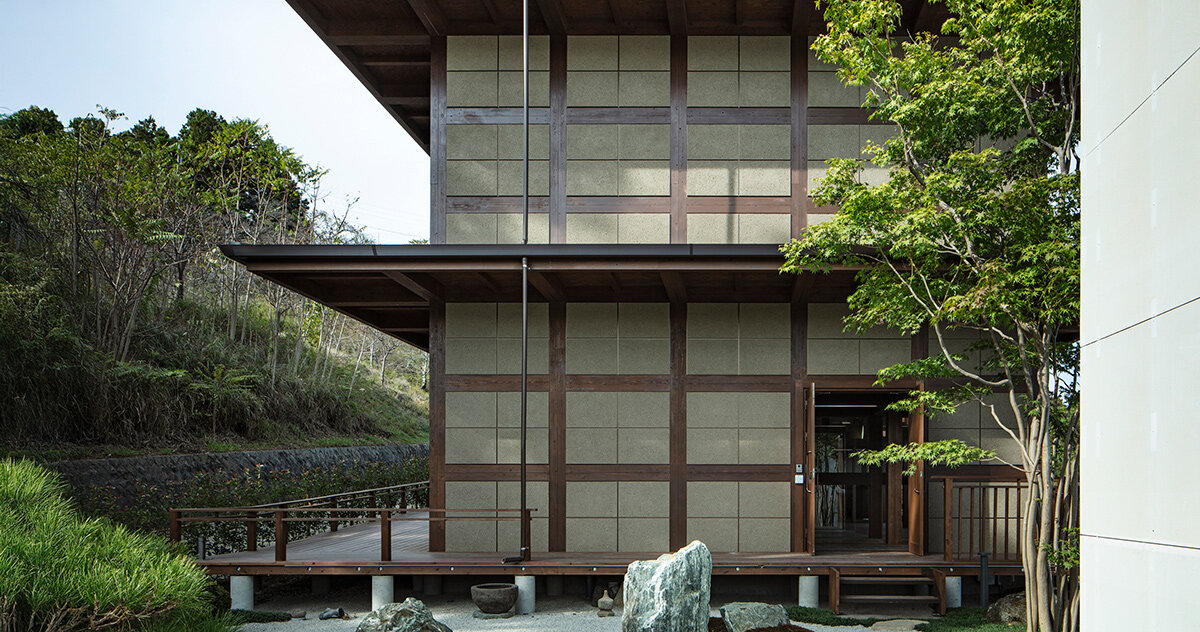 aki hamada-designed office frames mt. oboshi with timber grid
