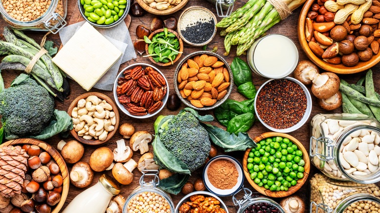 spread of protein foods, vegetables, nuts, grains, legumes