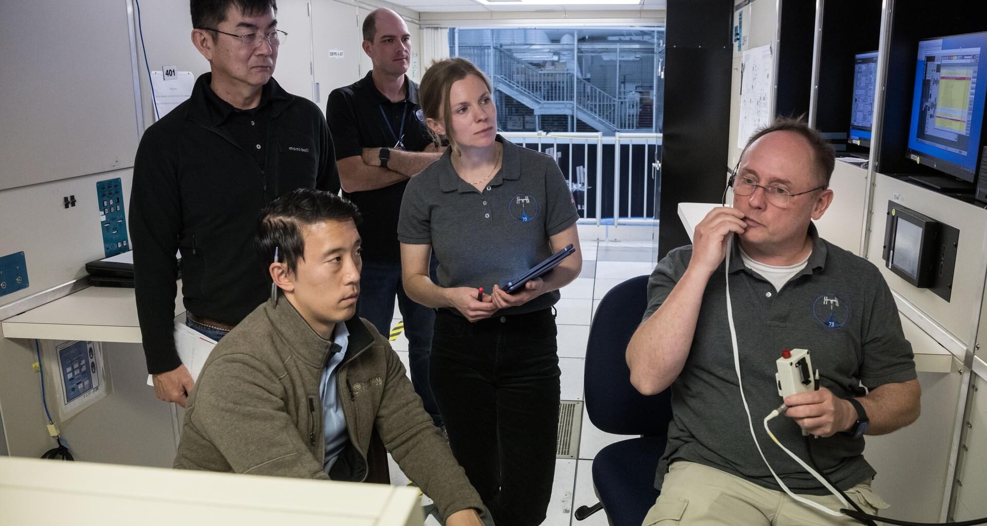From left to right: JAXA astronaut Kimiya Yui, and NASA astronauts Jonny Kim (seated), Zena Cardman, and Mike Fincke conduct training scenarios with their instructors at NASA’s Johnson Space Center in Houston, Texas for their upcoming mission to the International Space Station.