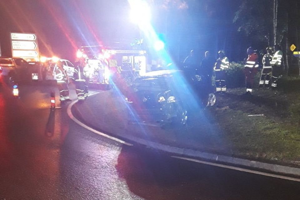 The scene in Bray as roads were closed following a single vehicle car accident. Photos: Wicklow County Fire Service.