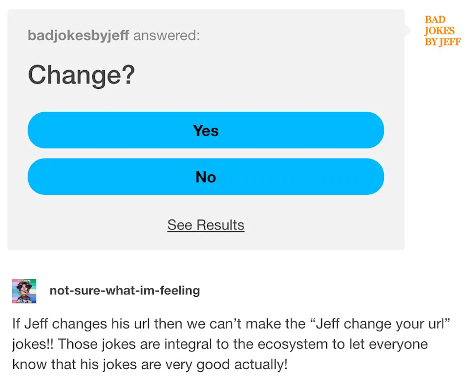 Poll asking if Jeff should change his URL. Below, a comment explains why keeping the URL is essential for joke continuity