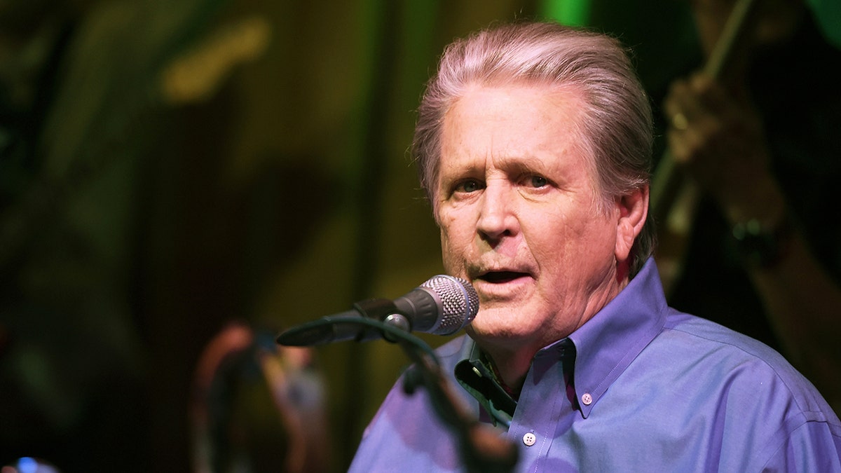 A close-up of Brian Wilson wearing a periwinkle shirt performing on stage.