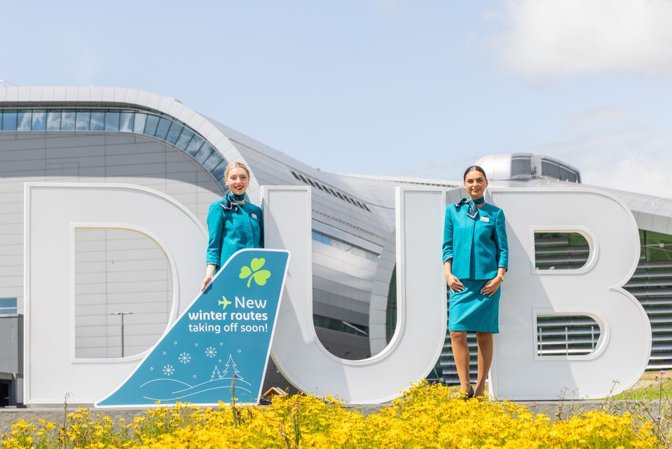 Aer Lingus cabin crew members Amy Casey and Lauryn Hamilton celebrating new routes. Photo: Naoise Culhane