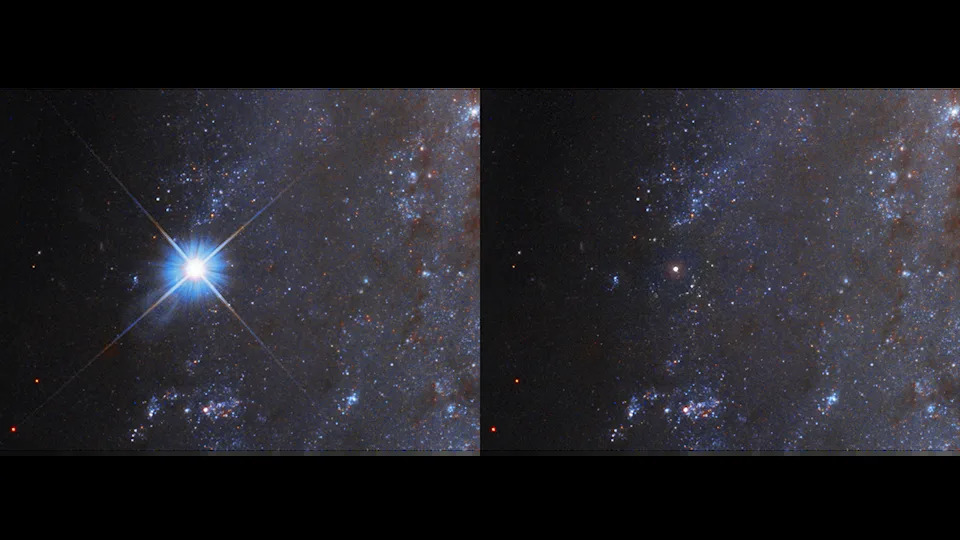 Two images of stars in deep space side by side. The one on the left has a bright star with a bluish tint glowing in space while the one on the right is dimmer