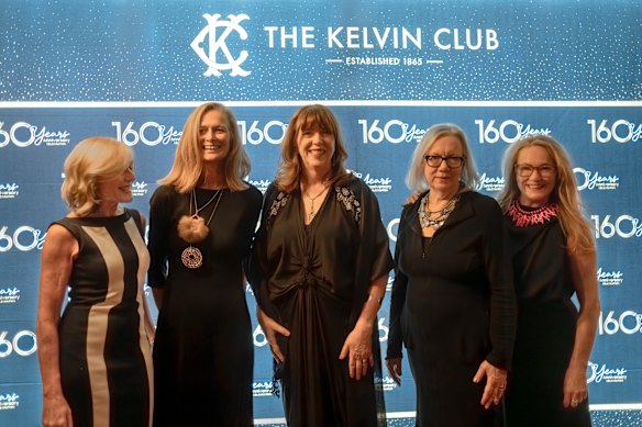  Fiona Patten, Wurundjeri elder Jacqui Wandin, Governor Margaret Gardner, Kelvin Club president Su Baker and club secretary Miss Pearls at the anniversary function.