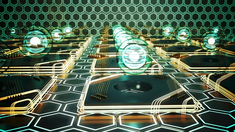 Quantum computing qubits arranged in a grid standing on a hexagonal lit background.