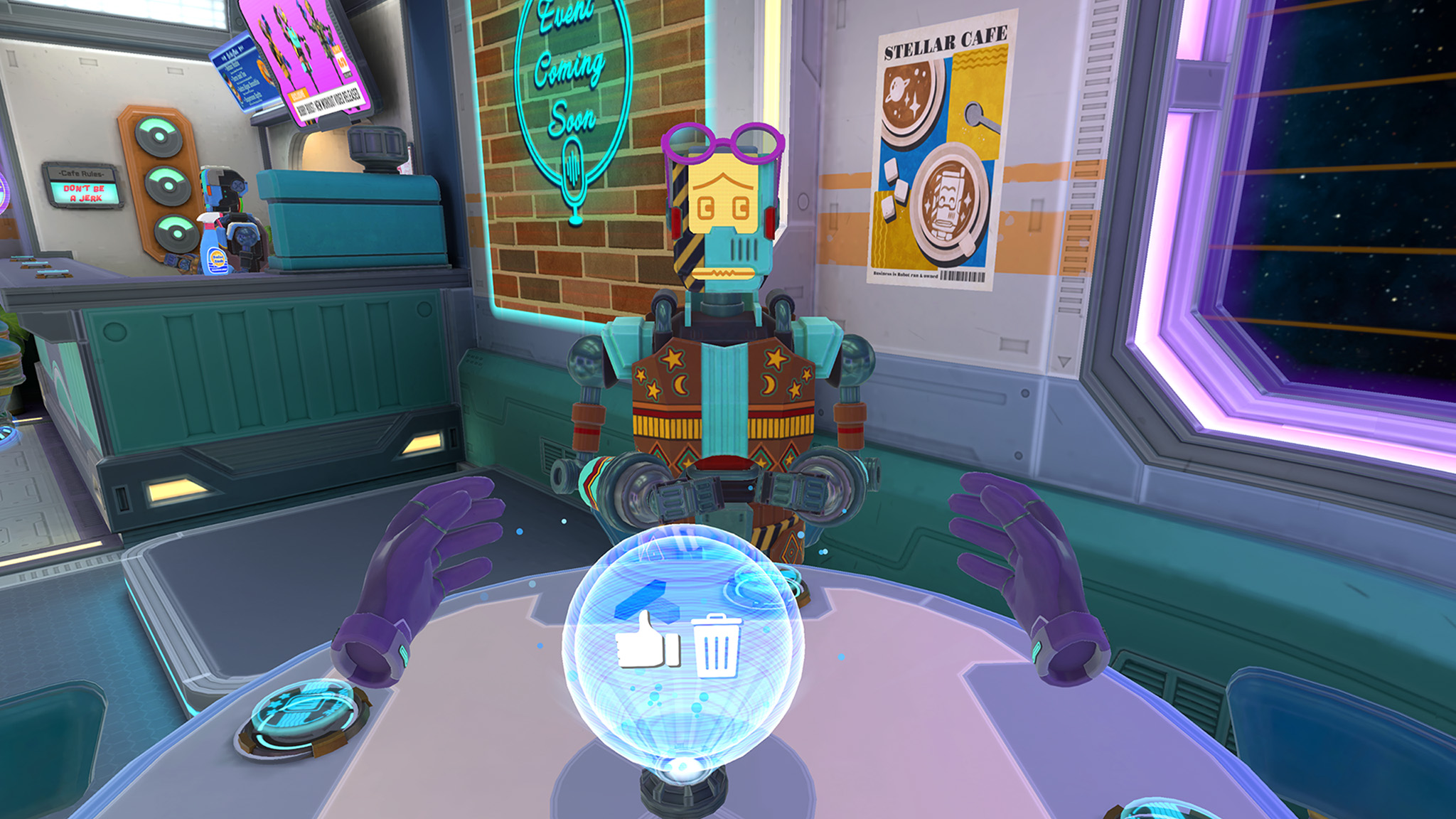 An official screenshot of Stellar Cafe on the Meta Quest 3 of the fortune teller