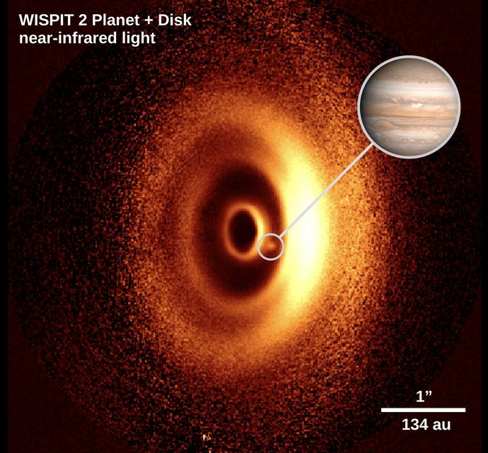 This is an image of a newborn planet WISPIT 2b, likely a gas giant similar to Jupiter. Photo: ESO/ C. Ginski/R. van Capelleveen et al.