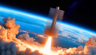 Illustration of an imaginative artwork depicting satellites piled up like a stack of pancakes.