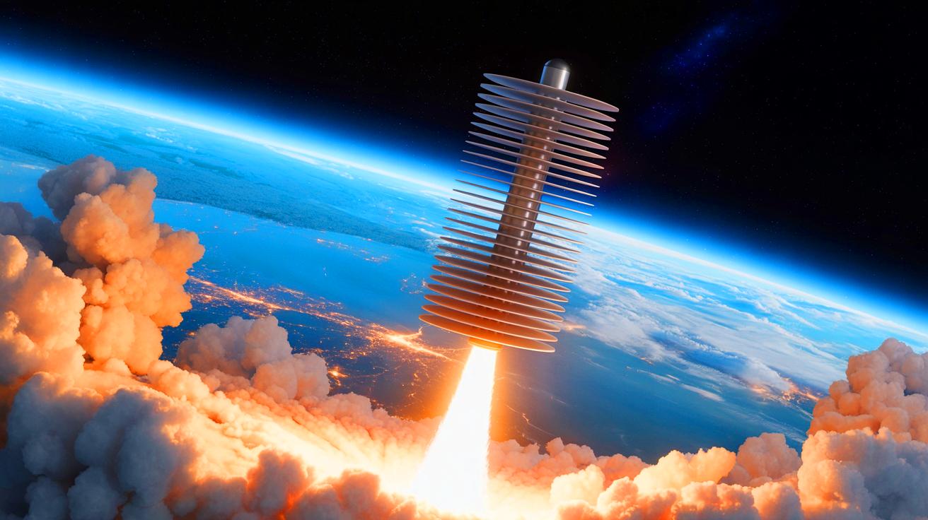 Illustration of an imaginative artwork depicting satellites piled up like a stack of pancakes.