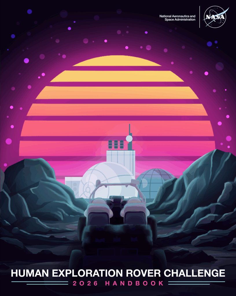 Two astronauts ride in a lunar rover in this illustration for the cover of the HERC 2026 handbook.