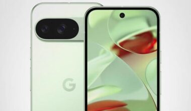 Top half shots of the front and back (renders) of the Google Pixel 9 in Wintergreen.