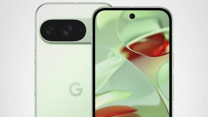 Top half shots of the front and back (renders) of the Google Pixel 9 in Wintergreen.