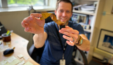 Robert Mosher, HIAD materials and processing lead at NASA Langley, holds up a piece of f webbing material, known as Zylon, which comprise the straps of the HIAD.