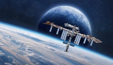 International Space station on orbit of Earth. Space wallpaper with ISS and planet surface. Astronauts in space. Elements of this image furnished by NASA