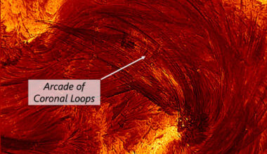 A high-resolution image of the flare from the Inouye Solar Telescope, taken on August 8, 2024, at 20:12 UT. The image is about 4 Earth-diameters on each side. Labels of the different relevant regions of the image are added for clarity: flare ribbons (bright areas of energy release in the dense lower solar atmosphere) and an arcade of coronal loops (arcs of plasma outlining magnetic field lines that transport energy from the corona to the flare ribbons). Image credit: NSF / NSO / AURA.