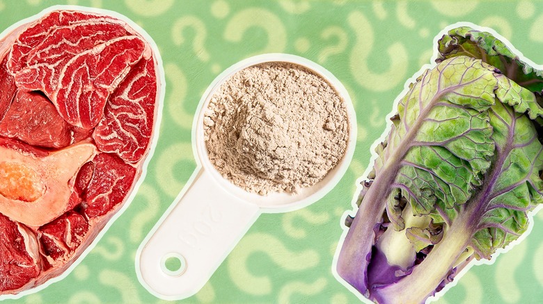 protein sources steak, powder, and chard