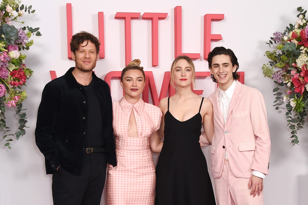 James Norton, Florence Pugh, Saoirse Ronan, Timothee Chalamet london, england december 15: (l to r) james norton, florence pugh, saoirse ronan and timothee chalamet pose at the evening photocall for little women at the soho hotel london on december 16, 2019 in london, england. (photo by david m. benett/dave benett/wireimage)