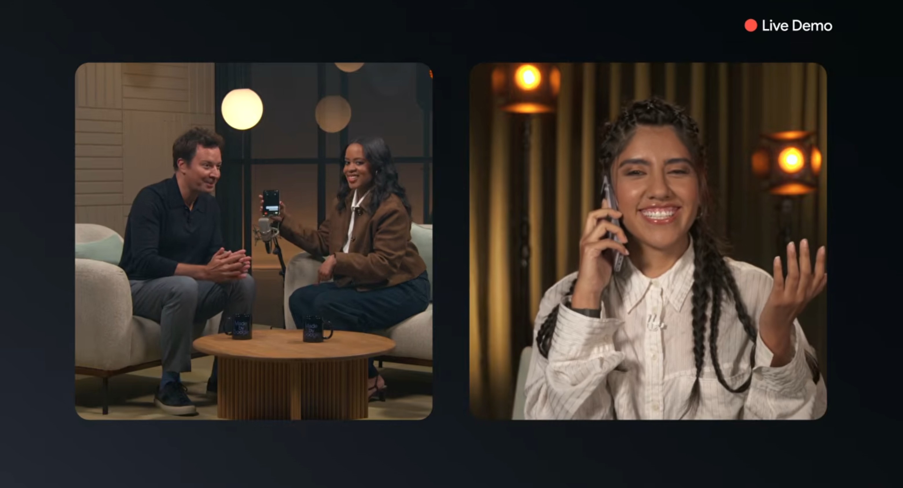 Jimmy Fallon demonstrating a call being live translated between English and Spanish