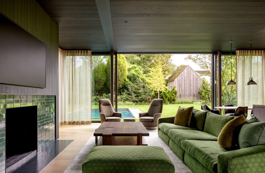 Green couch in living room