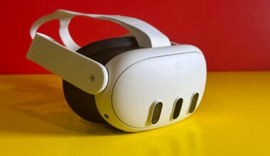 A VR headset, the Quest 3, on a yellow table