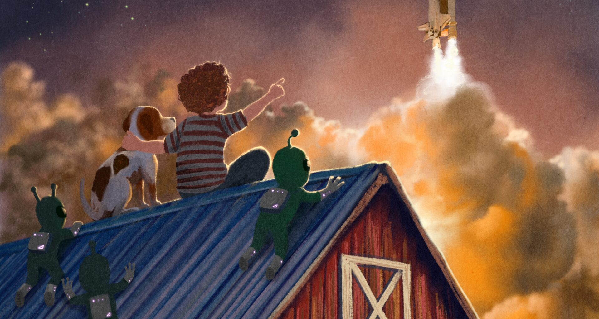 A child seated on the roof of a barn, their arm draped around a dog, watching a space shuttle blast off in the distance. The two are joined by three extraterrestrial beings that also watch in awe.