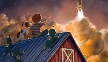 A child seated on the roof of a barn, their arm draped around a dog, watching a space shuttle blast off in the distance. The two are joined by three extraterrestrial beings that also watch in awe.