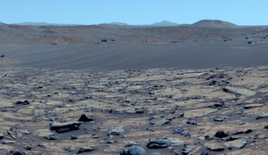 a color-enhanced photo of a Martian landscape that makes the red planet look more Earth-like