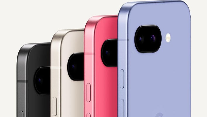 Closeup rear angled renders of the Pixel 9a in various colorways.