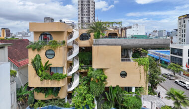 pool cantilevers from the facade of ho khue's hotel in vietnam