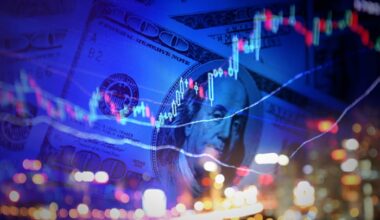 A stock chart with a city skyline and dollar bills in the background.