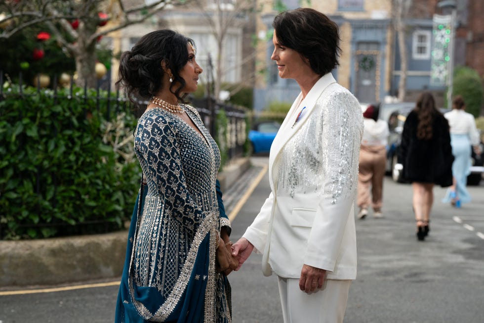 suki kaur panesar and eve unwin on their wedding day in eastenders