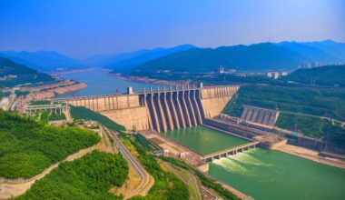 Illustration of the Three Gorges Dam and its impact on Earth's rotation.