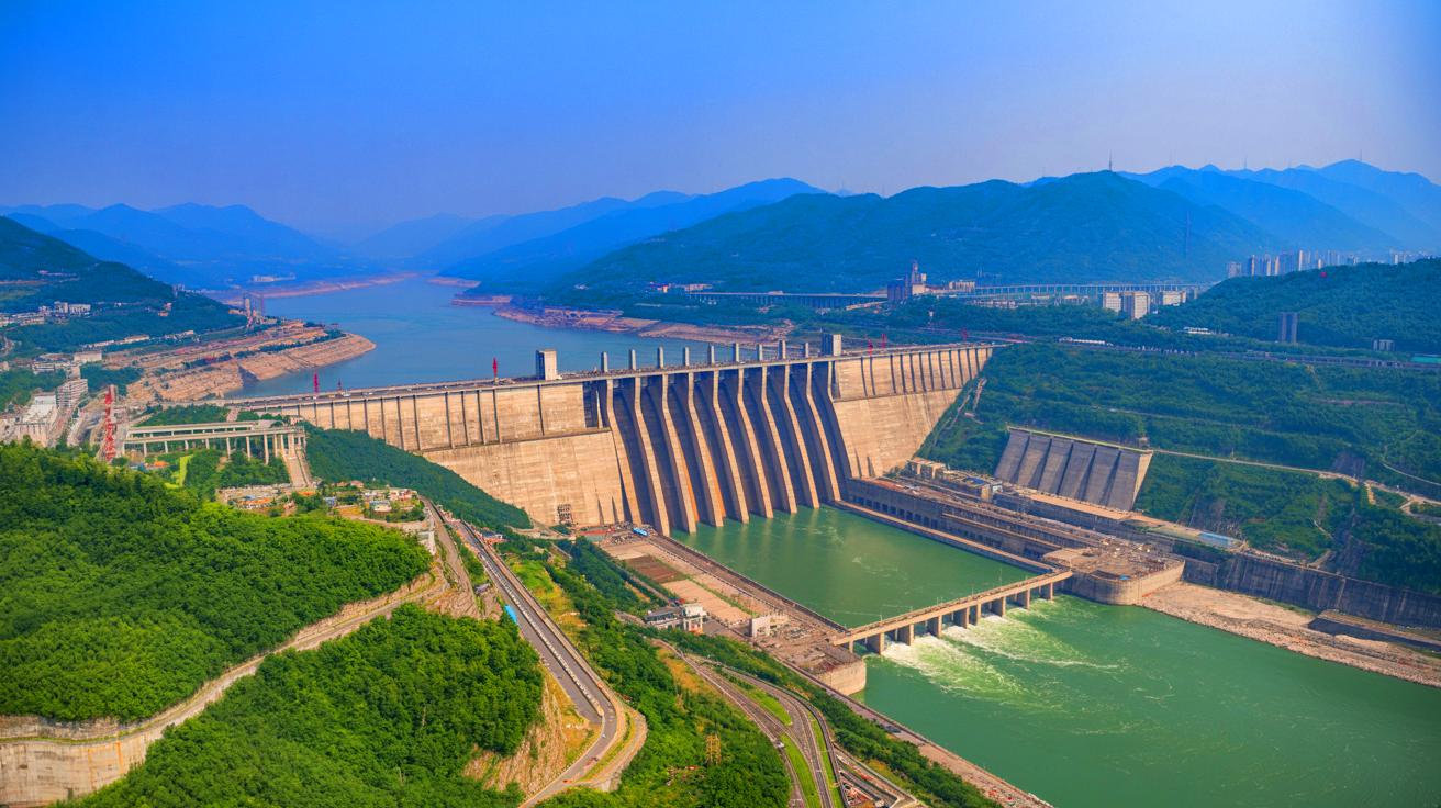 Illustration of the Three Gorges Dam and its impact on Earth's rotation.