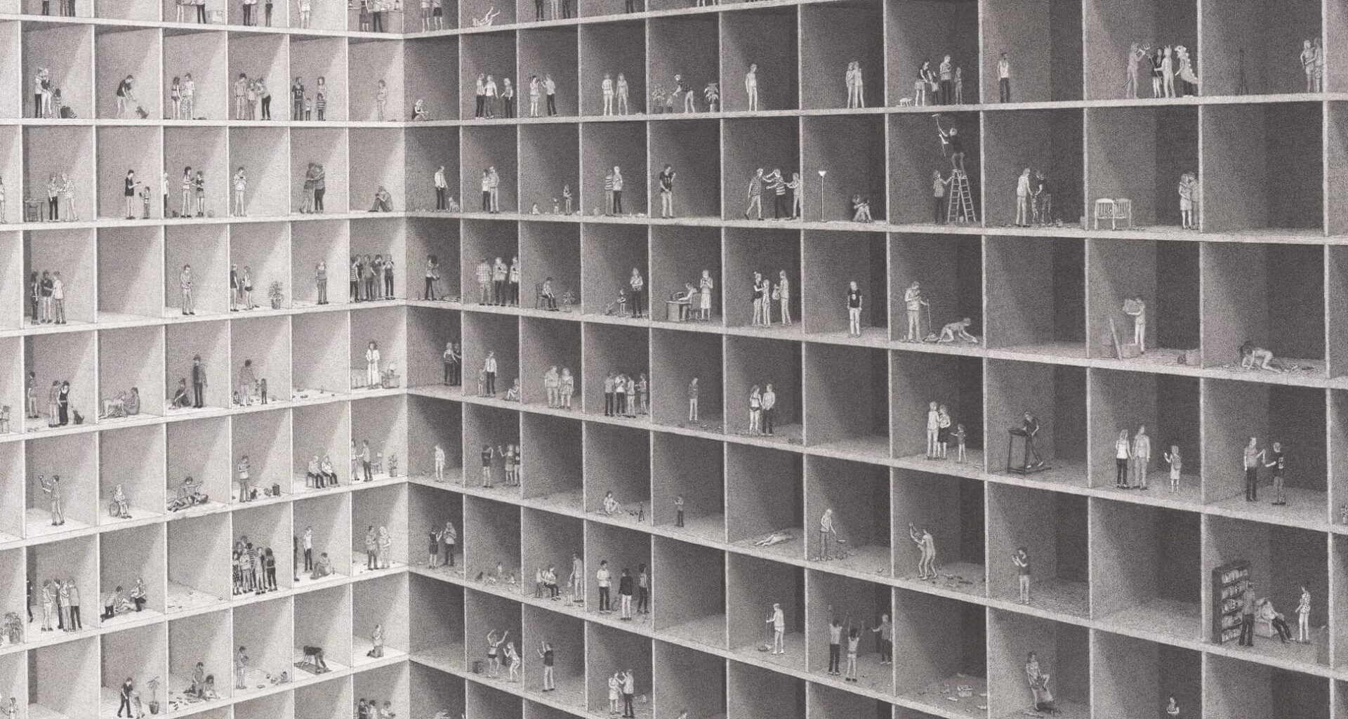 an elaborate ink drawing by Ben Tolman of figures in an abstract building complex, milling around doing different activities in their individual boxes