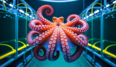 Illustration of octopus farming and its ethical and environmental implications.
