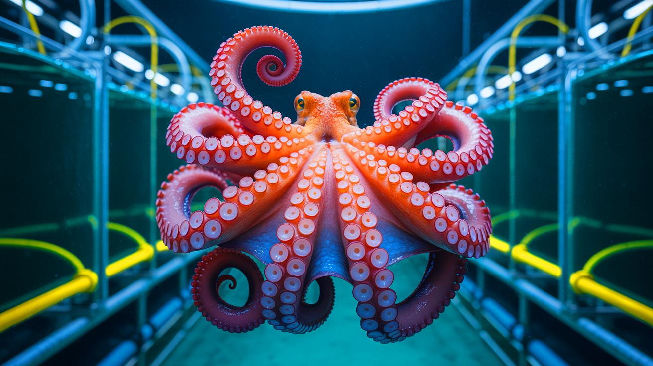 Illustration of octopus farming and its ethical and environmental implications.
