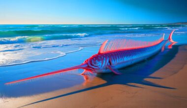 Illustration of giant oarfish washed ashore on a coastline.