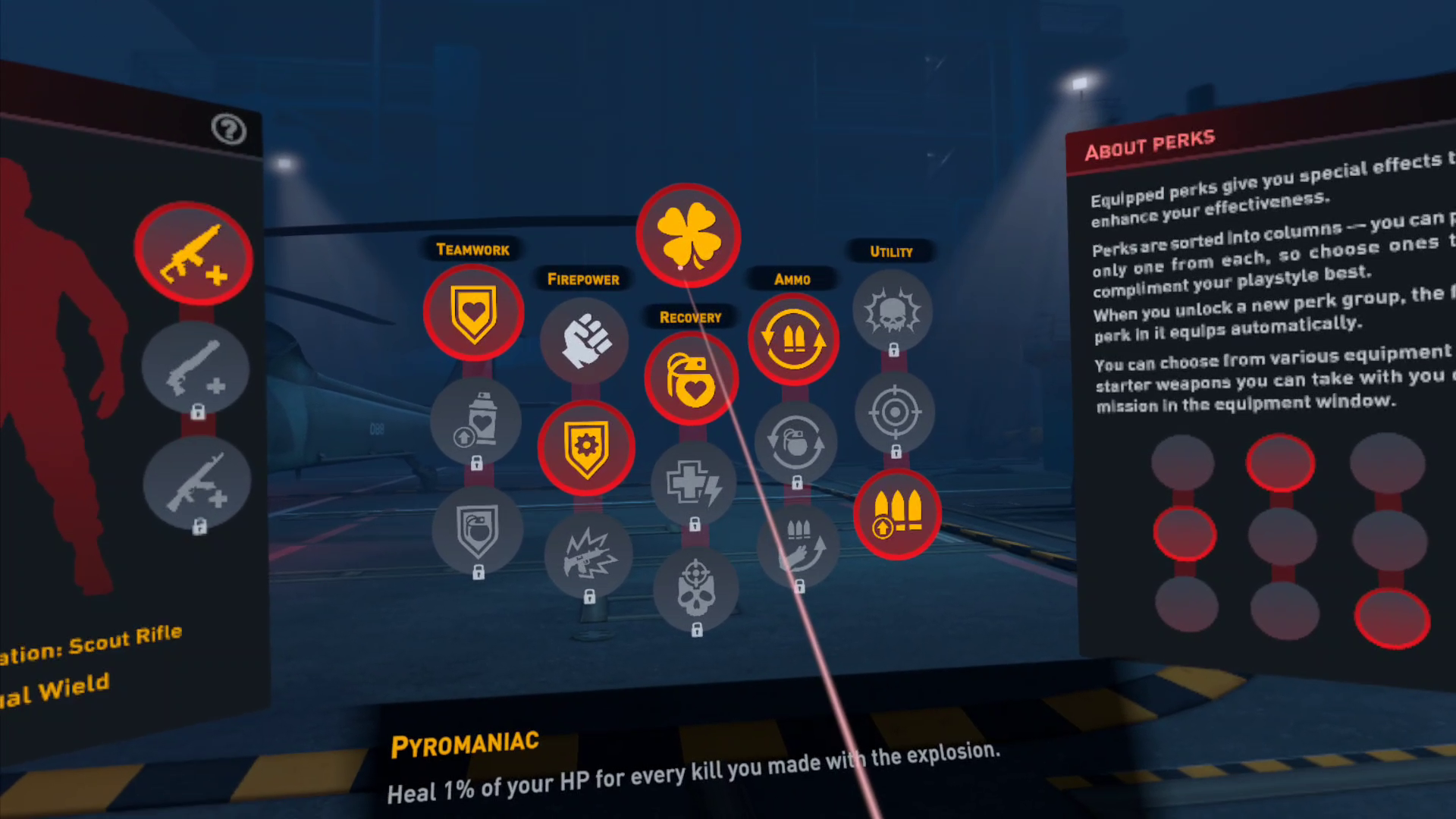 An array of perks are displayed, with tutorial text explaining how they work and that the currently highlighted one is "Pyromaniac - Heal 1% of your HP for every kill made with the explosion."