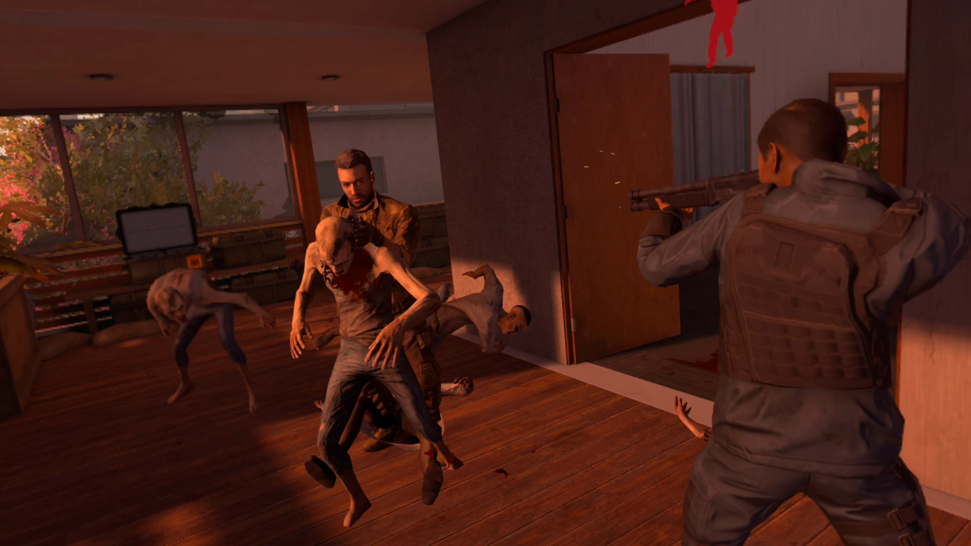 Two of the player's allies are directly engaged with the undead. One of the zombies is contorting poorly while ragdolling. It almost looks like the one ally is aiming at the other. Their artificial intelligence is... not great.